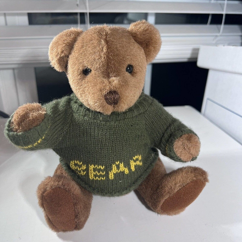 Vintage Gund 1982 Bear 8” Fully Jointed With Green Knit Sweater